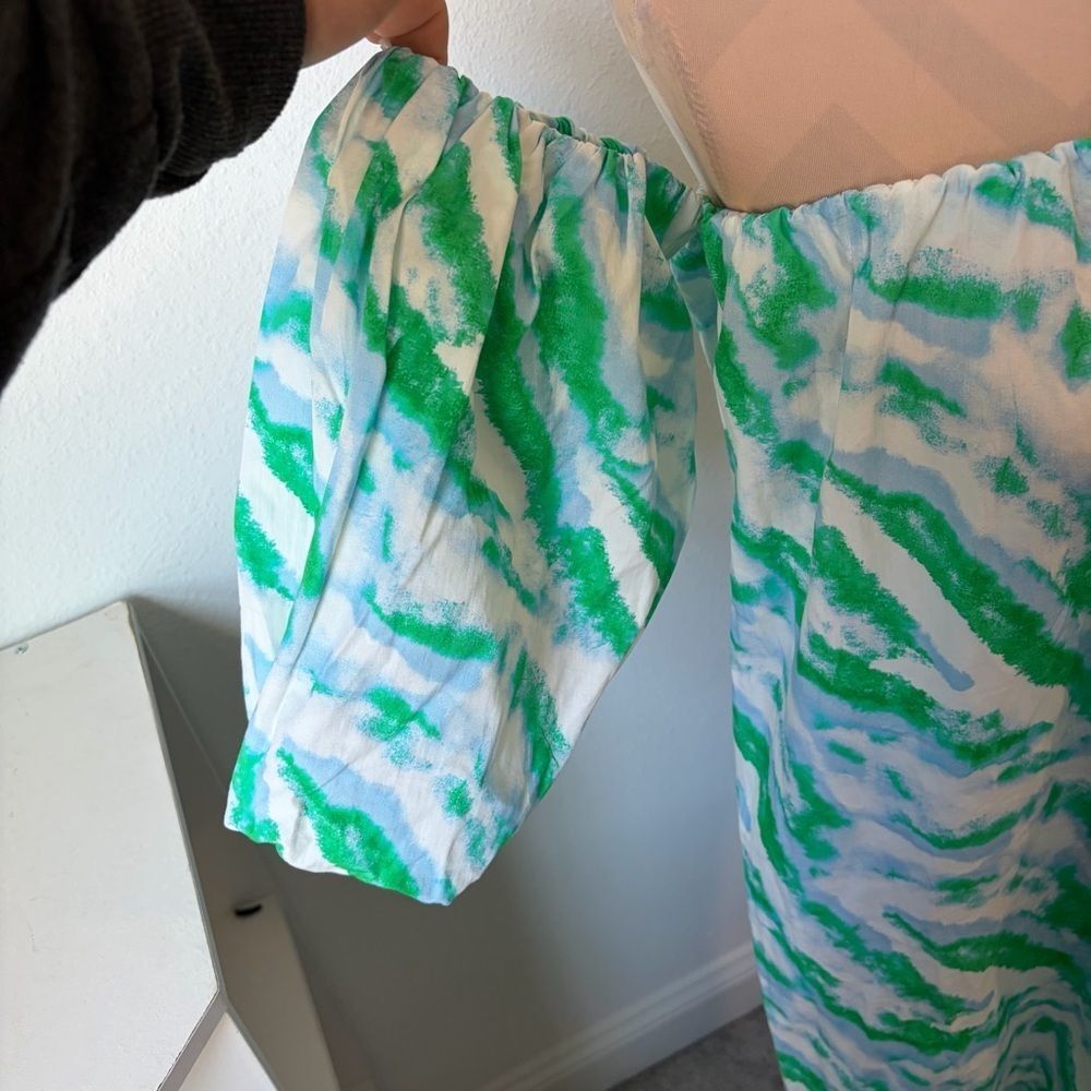 London Label Green White Off Shoulder Midi Dress Size 10 Tropical Resort Vacatio - Picture 7 of 9
